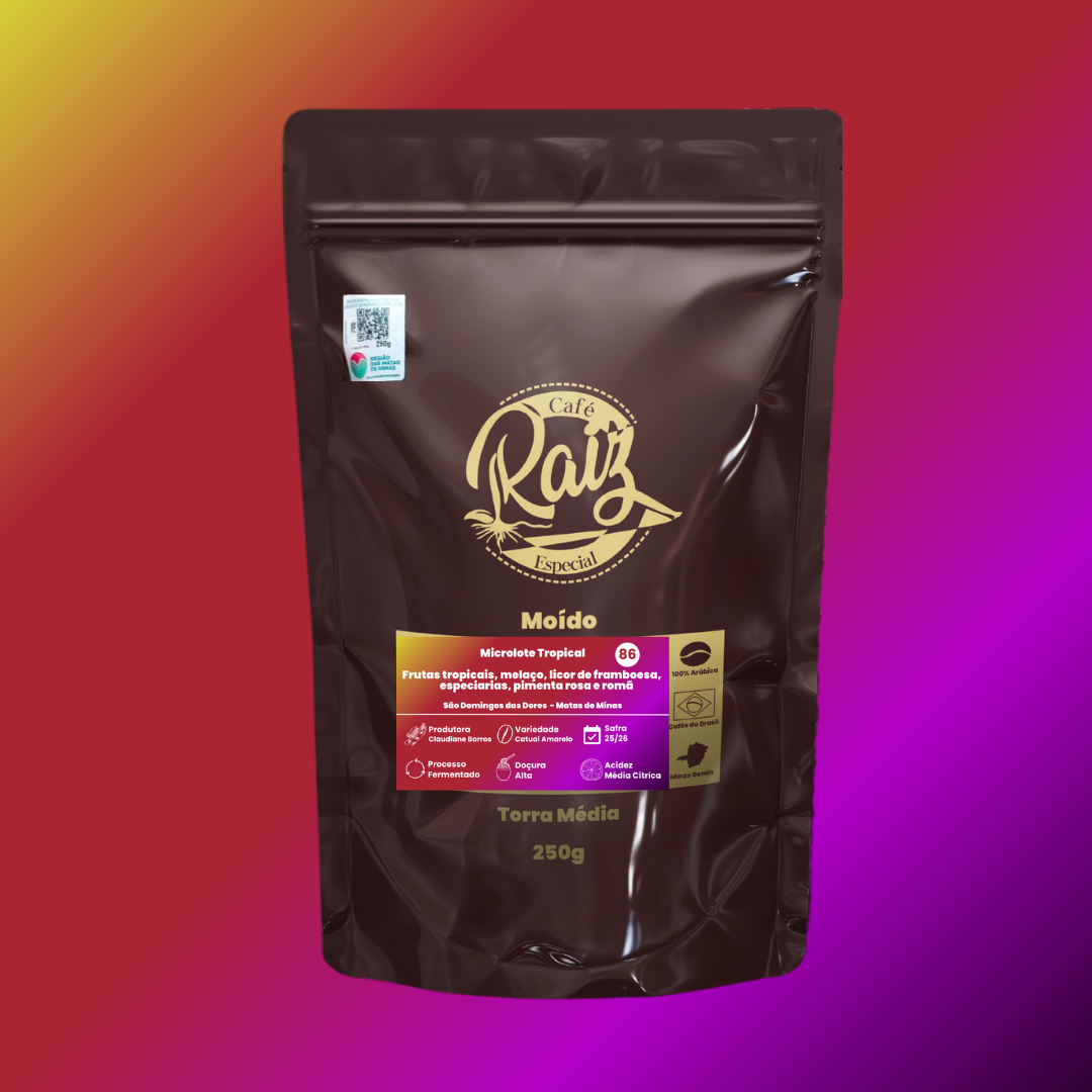Microlote Tropical - Sensorial: Frutas tropicais, melaço, licor de framboesa, especiarias, pimenta rosa e romã